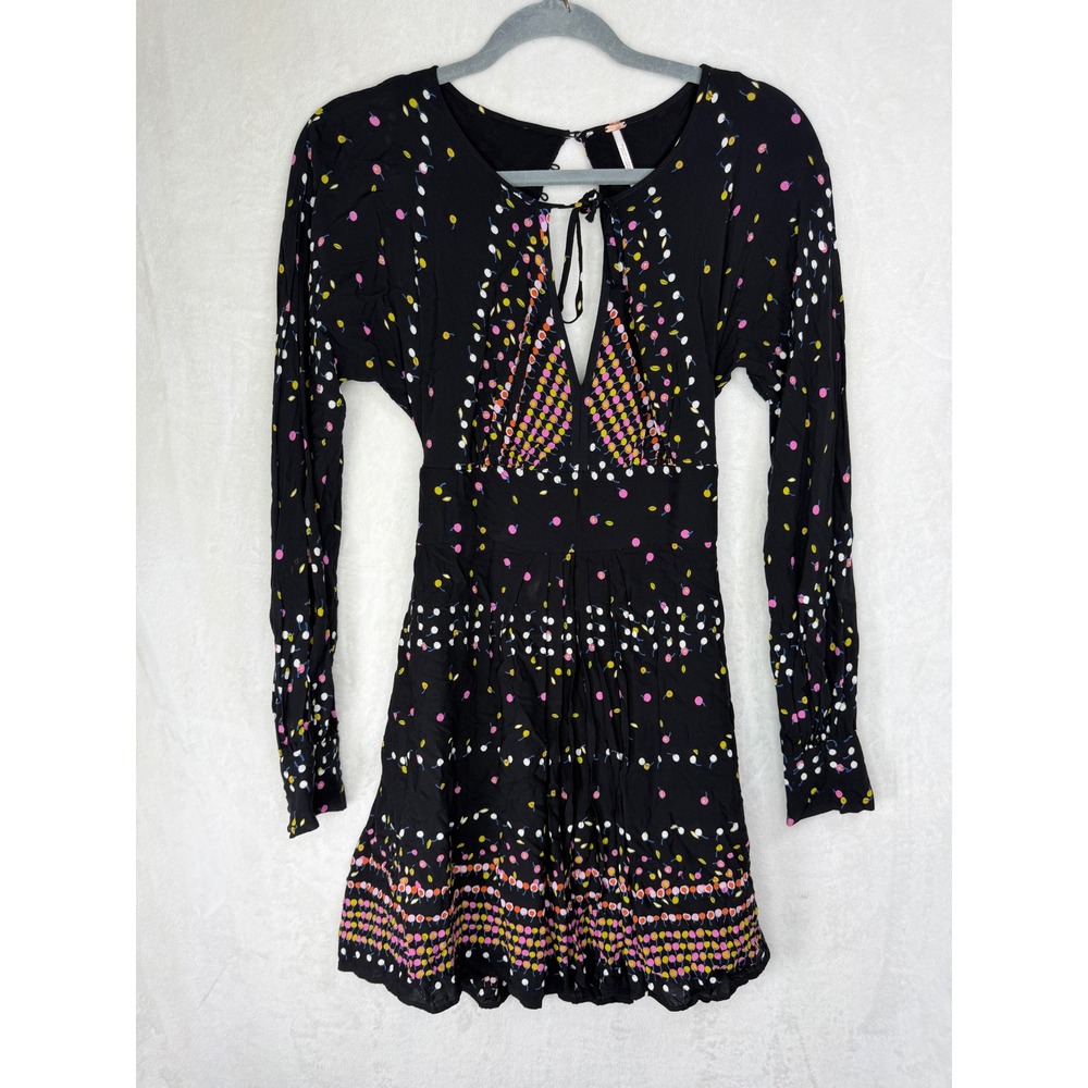 Free People Mini Dress‎ Women 0 Black Floral Long Sleeve Open Back Boho Rayon